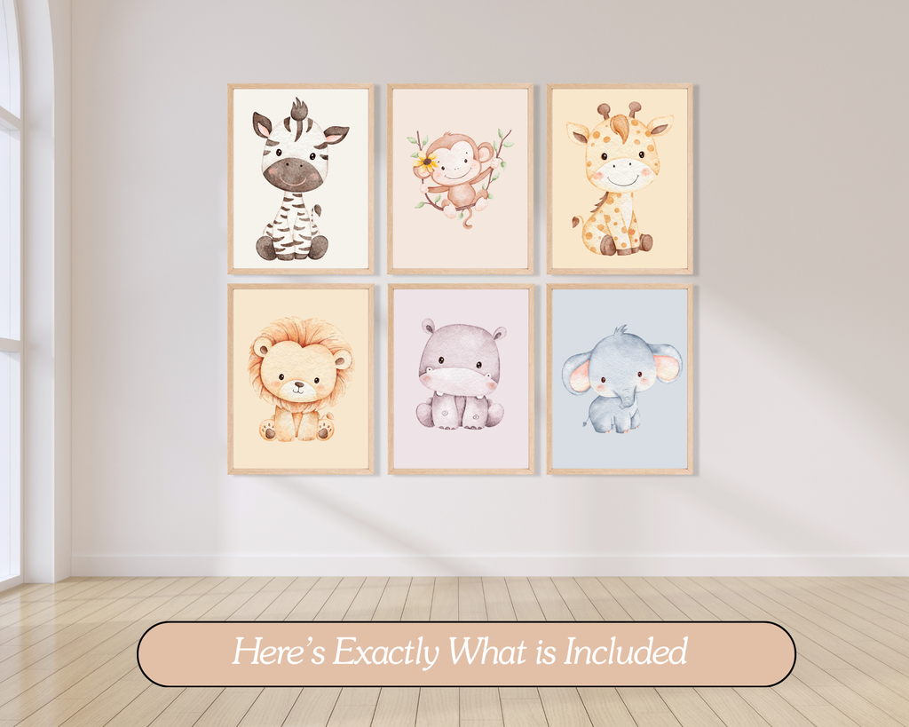 Safari Nursery Animal Prints | Neutral Baby Room Wall Art (Set of 6, Digital Download)
